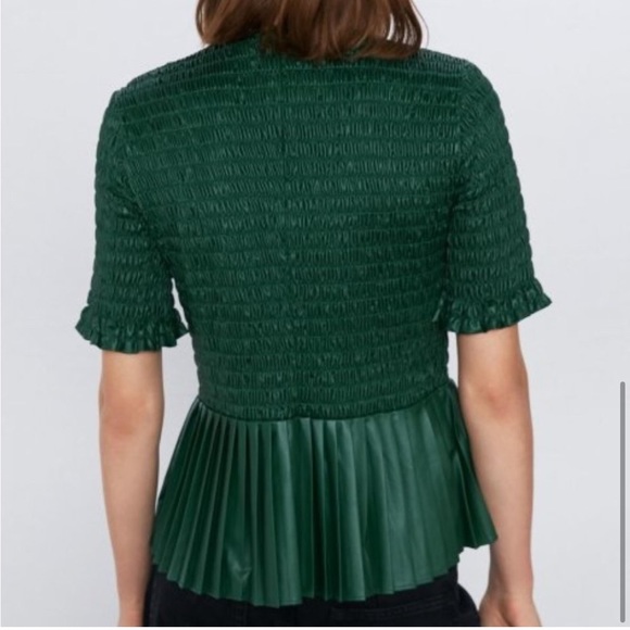 ZARA Faux Leather Peplum Smocked Bodice Top NEW - Picture 2 of 11